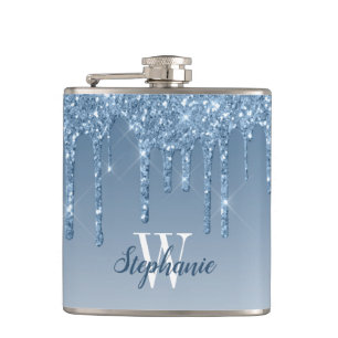 Elegant Blue Dripping Faux Glitter Monogram Flask