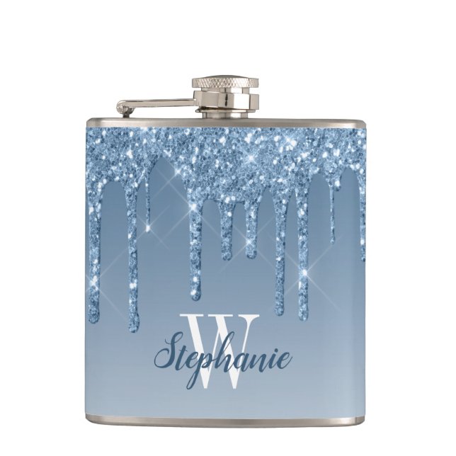 Elegant Blue Dripping Faux Glitter Monogram Flask (Front)