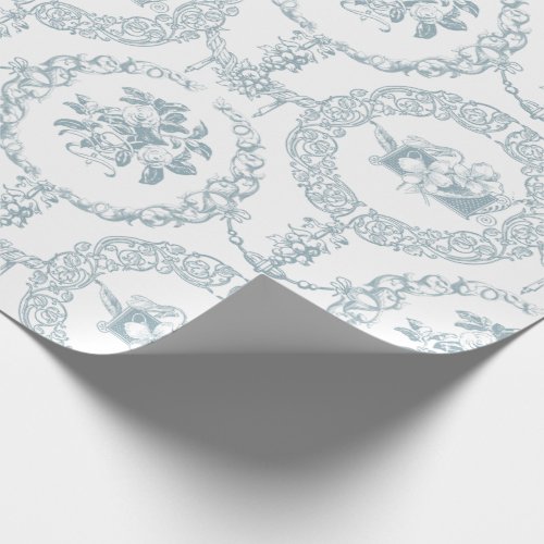 Elegant Blue Engraved Floral Medallions and Swags Wrapping Paper