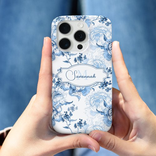 Elegant Blue Engraved Floral NameMonogram iPhone 15 Pro Case