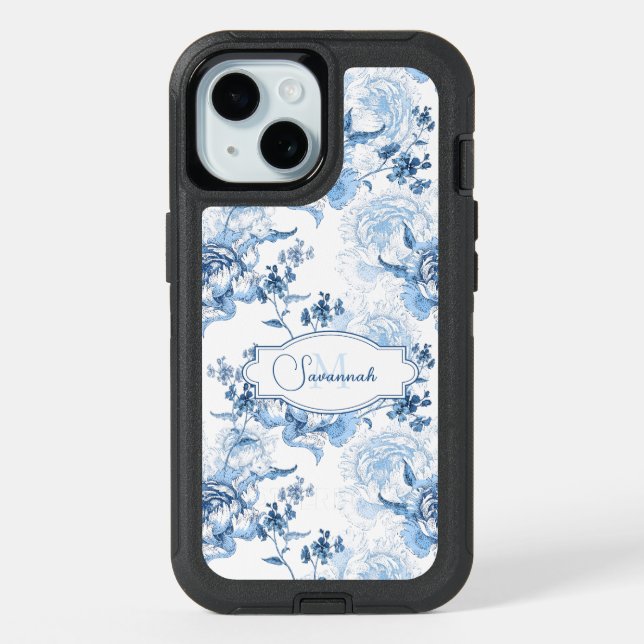 Elegant Blue Engraved Floral Name/Monogram iPhone 15 Case (Back)