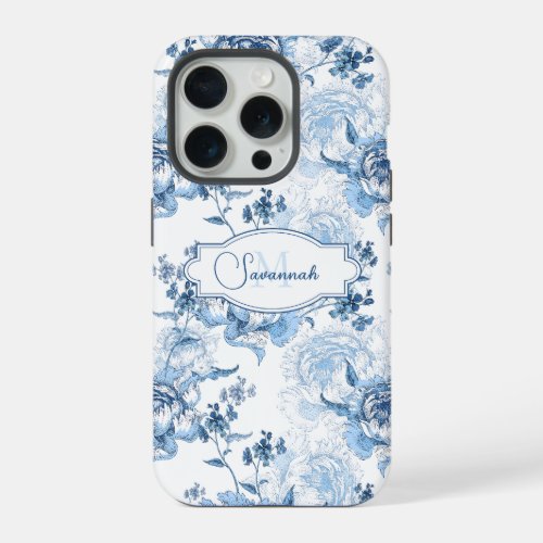 Elegant Blue Engraved Floral NameMonogram iPhone 15 Pro Case