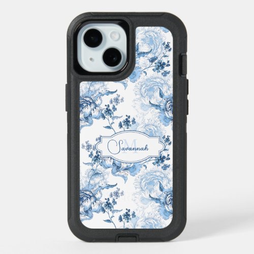 Elegant Blue Engraved Floral NameMonogram iPhone 15 Case
