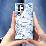 Elegant Blue Engraved Floral Name/Monogram Samsung Galaxy S22 Ultra Case<br><div class="desc">Elegant vintage-inspired engraved blue and white floral pattern with ornamental scrolls and vines featuring custom label with text fields for your name and/or monogram.</div>