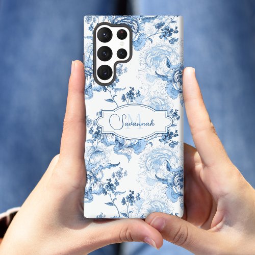 Elegant Blue Engraved Floral NameMonogram Samsung Galaxy S22 Ultra Case