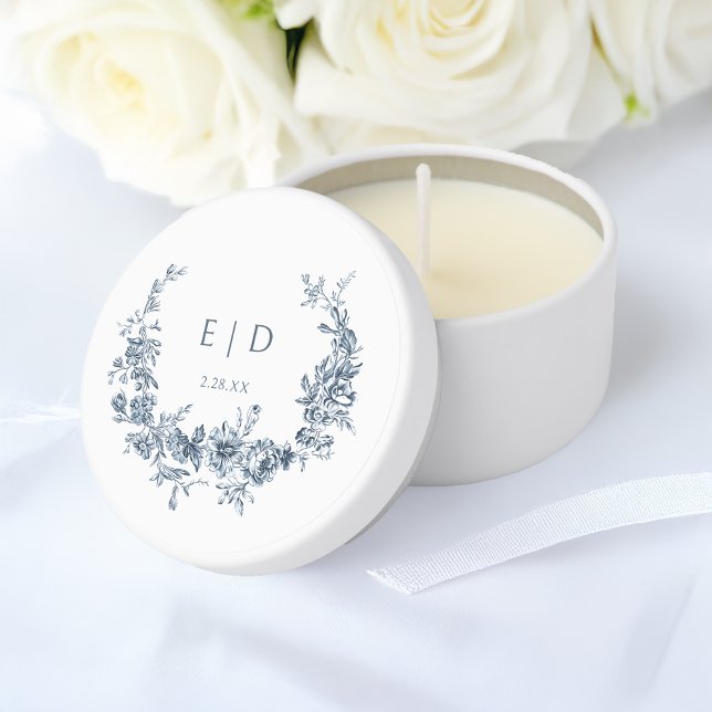 Elegant Blue Engraved Floral Wreath w/Monogram Mini Candle Favors (Creator Uploaded)