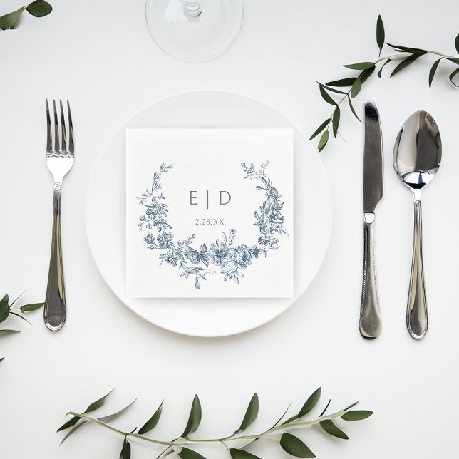 Elegant Blue Engraved Floral Wreath w/Monogram Napkins (Creator Uploaded)