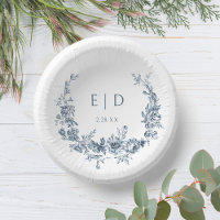 Elegant Blue Engraved Floral Wreath w/Monogram