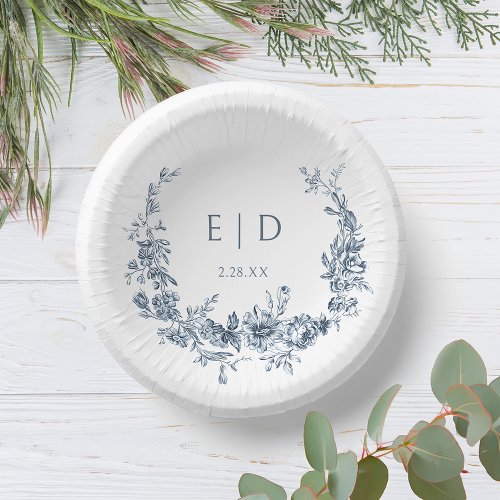 Elegant Blue Engraved Floral Wreath wMonogram Paper Bowls