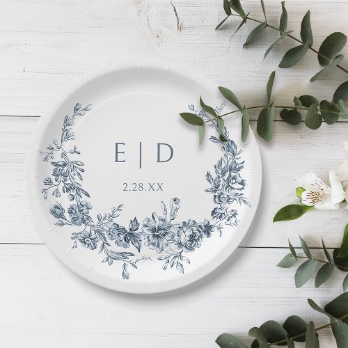 Elegant Blue Engraved Floral Wreath wMonogram Paper Plates