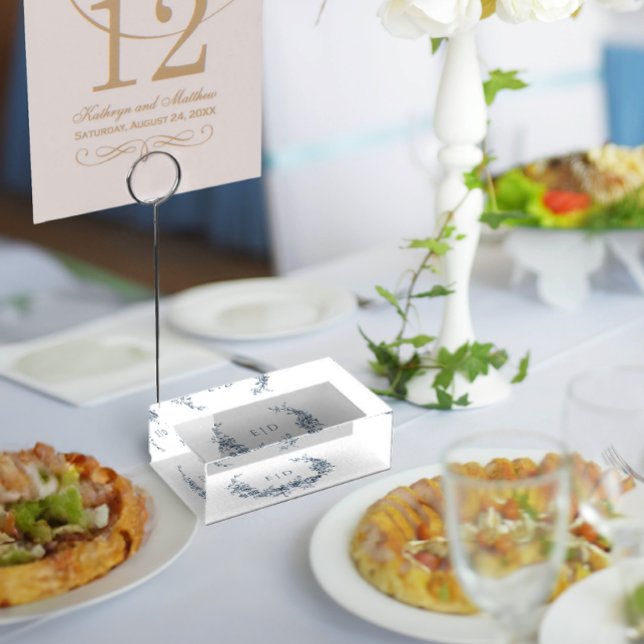 Elegant Blue Engraved Floral Wreath w/Monogram Place Card Holder (Creator Uploaded)