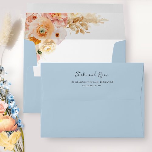 Elegant Blue Envelope with Peach Floral Inside