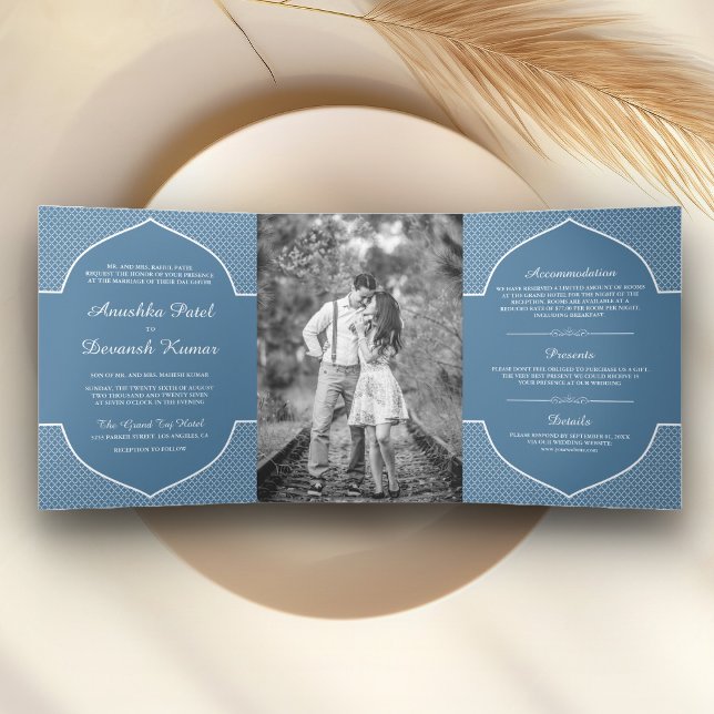 Elegant Blue Ethnic Indian Arch Wedding Photo Tri-Fold Invitation (Creator Uploaded)
