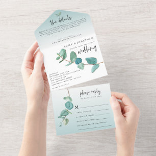 Elegant Blue Eucalyptus Branch Script Wedding All In One Invitation