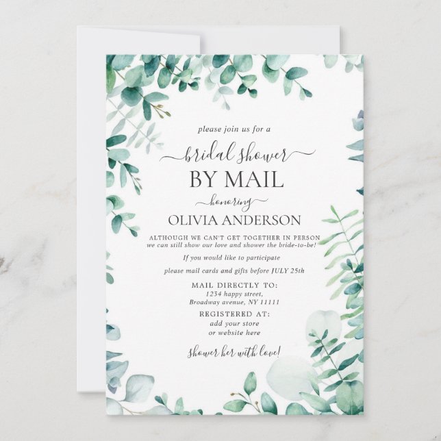 Elegant Blue Eucalyptus Bridal Shower By Mail Invitation (Front)