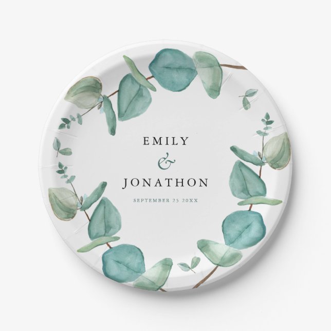 Elegant Blue Eucalyptus Names Date Wedding Paper Plates (Front)