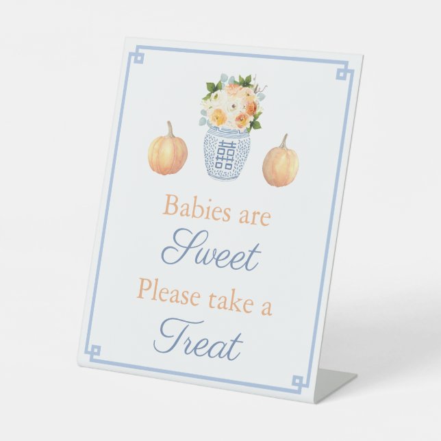 Elegant Blue Fall In Love Baby Shower Favor Table  Pedestal Sign (Front)