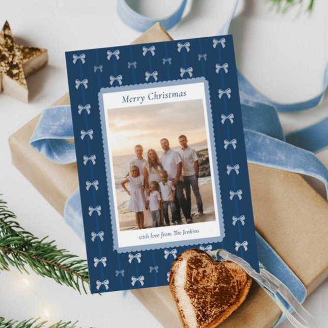 Elegant Blue Family Christmas Card (Elegant Blue Merry Christmas Photo Card)