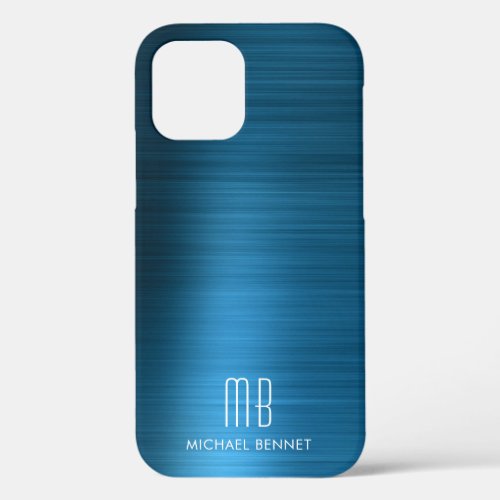 Elegant Blue Faux Brushed Metal Monogram iPhone 12 Case