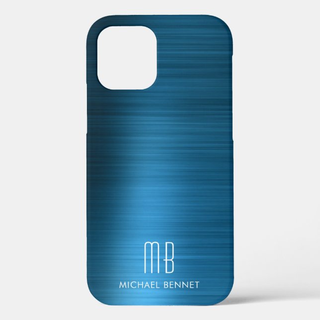 Elegant Blue Faux Brushed Metal Monogram Case-Mate iPhone Case (Back)
