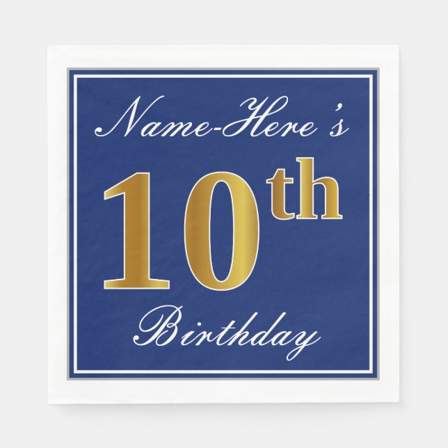 Elegant Blue, Faux Gold 10th Birthday; Custom Name Napkins (Front)