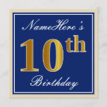 [ Thumbnail: Elegant, Blue, Faux Gold 10th Birthday + Name Invitation ]