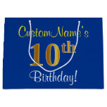 [ Thumbnail: Elegant, Blue, Faux Gold 10th Birthday + Name Gift Bag ]