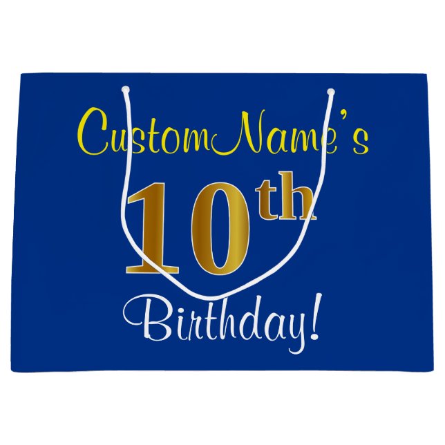 Elegant, Blue, Faux Gold 10th Birthday + Name Large Gift Bag (Front)
