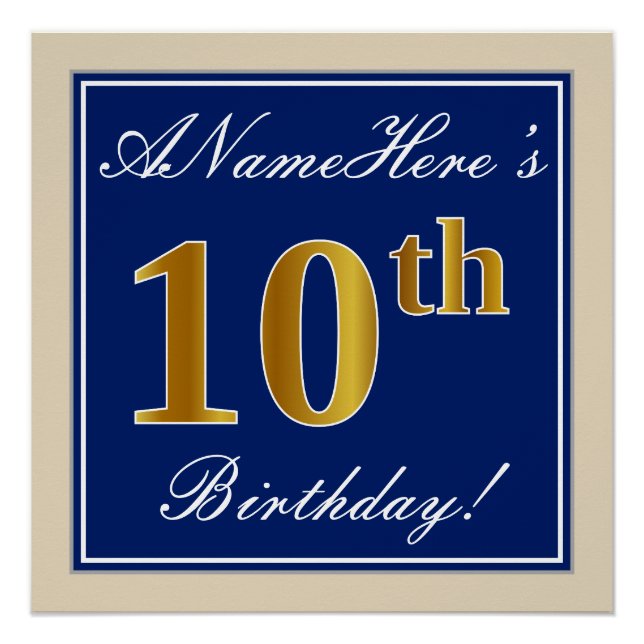Elegant, Blue, Faux Gold 10th Birthday + Name Poster (Front)
