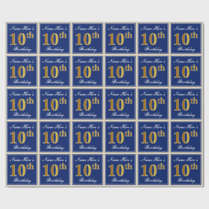 Elegant, Blue, Faux Gold 10th Birthday + Name Wrapping Paper