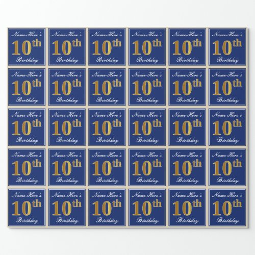 Elegant Blue Faux Gold 10th Birthday  Name Wrapping Paper