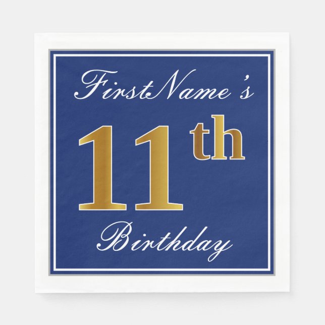 Elegant Blue, Faux Gold 11th Birthday; Custom Name Paper Napkins (Front)