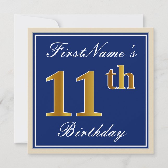 Elegant, Blue, Faux Gold 11th Birthday + Name Invitation (Front)