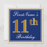 [ Thumbnail: Elegant, Blue, Faux Gold 11th Birthday + Name Invitation ]