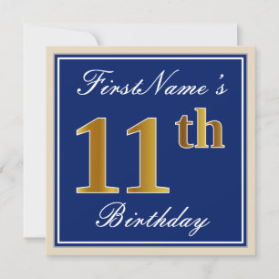 Elegant, Blue, Faux Gold 11th Birthday + Name Invitation