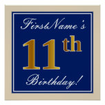 [ Thumbnail: Elegant, Blue, Faux Gold 11th Birthday + Name Poster ]
