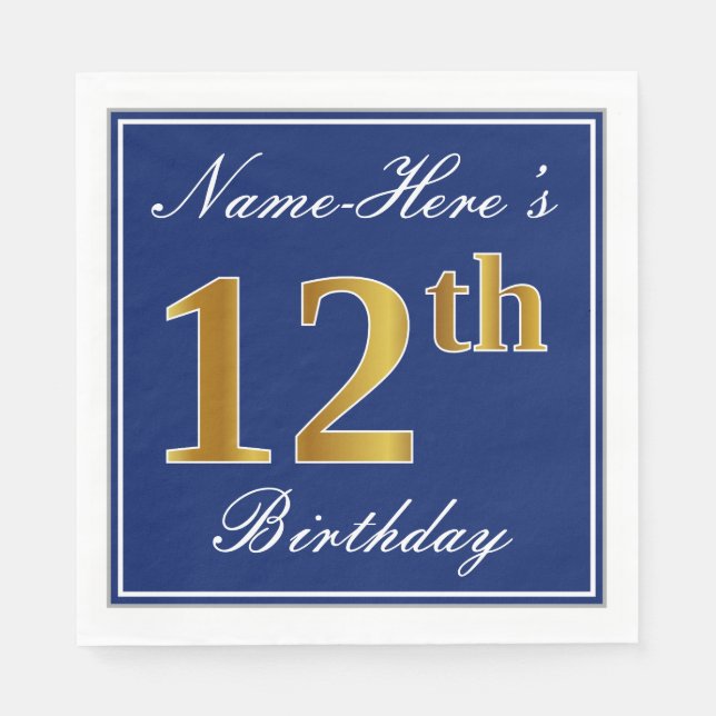 Elegant Blue, Faux Gold 12th Birthday; Custom Name Paper Napkins (Front)