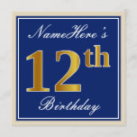 [ Thumbnail: Elegant, Blue, Faux Gold 12th Birthday + Name Invitation ]
