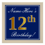 [ Thumbnail: Elegant, Blue, Faux Gold 12th Birthday + Name Poster ]