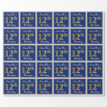 [ Thumbnail: Elegant, Blue, Faux Gold 12th Birthday + Name Wrapping Paper ]