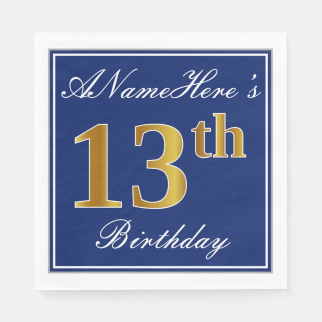Elegant Blue, Faux Gold 13th Birthday; Custom Name Paper Napkins (Front)