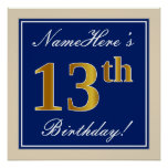 [ Thumbnail: Elegant, Blue, Faux Gold 13th Birthday + Name Poster ]