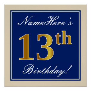 Elegant, Blue, Faux Gold 13th Birthday + Name Poster
