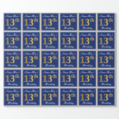 Elegant Blue Faux Gold 13th Birthday  Name Wrapping Paper