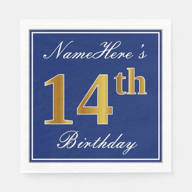 Elegant Blue, Faux Gold 14th Birthday; Custom Name Paper Napkins (Front)