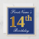 [ Thumbnail: Elegant, Blue, Faux Gold 14th Birthday + Name Invitation ]