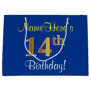 Elegant, Blue, Faux Gold 14th Birthday + Name Large Gift Bag