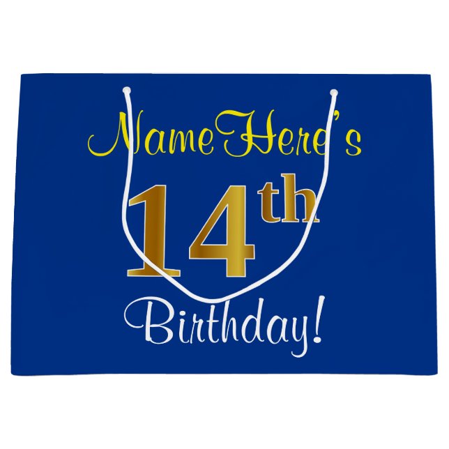 Elegant, Blue, Faux Gold 14th Birthday + Name Large Gift Bag (Front)