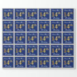 [ Thumbnail: Elegant, Blue, Faux Gold 14th Birthday + Name Wrapping Paper ]