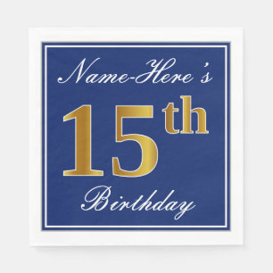 Elegant Blue, Faux Gold 15th Birthday; Custom Name Napkins
